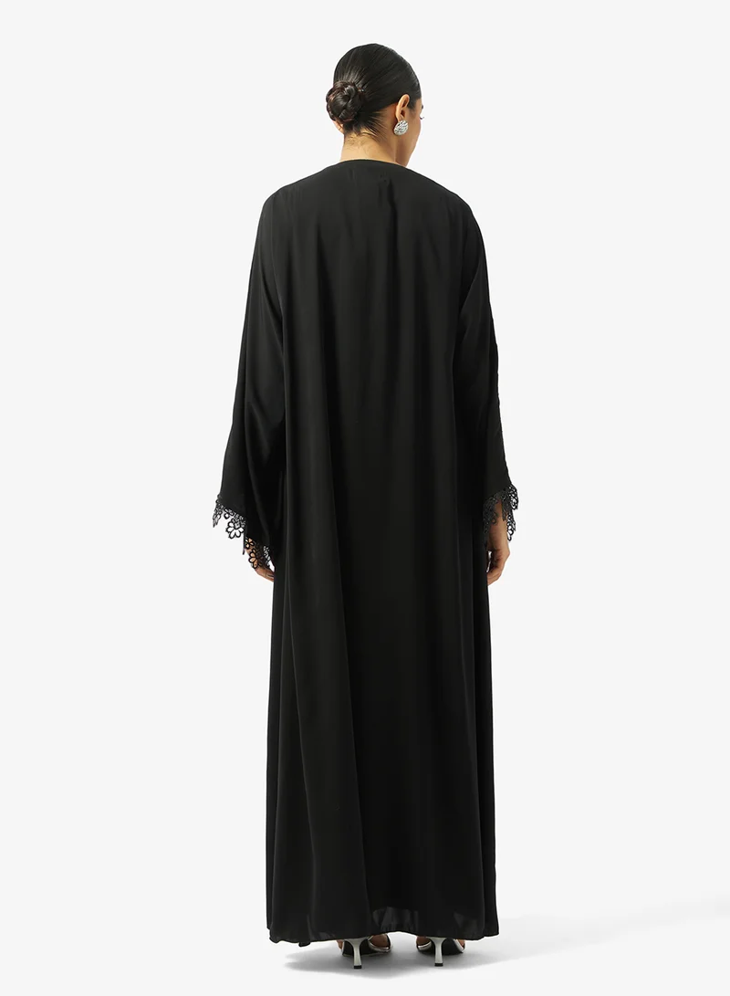 hayas closet Floral Lace Detailed Open Front Abaya